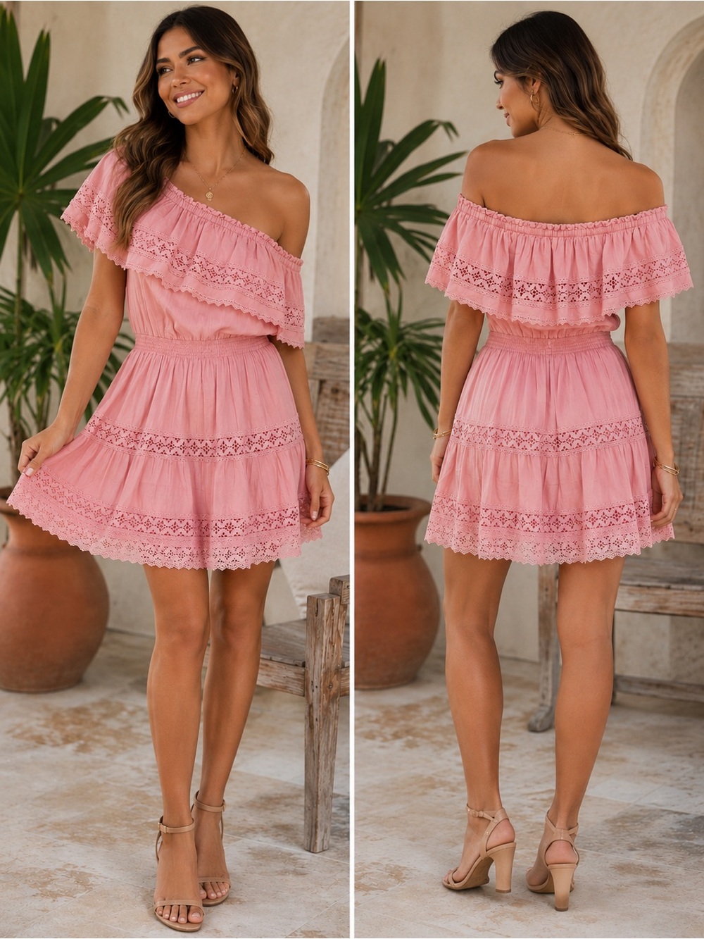 Melissa Odabash Pink One-Shoulder Lace Tiered Mini Dress